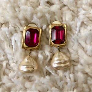 Vintage Ruby & Pearl Costume Clip-On Earrings